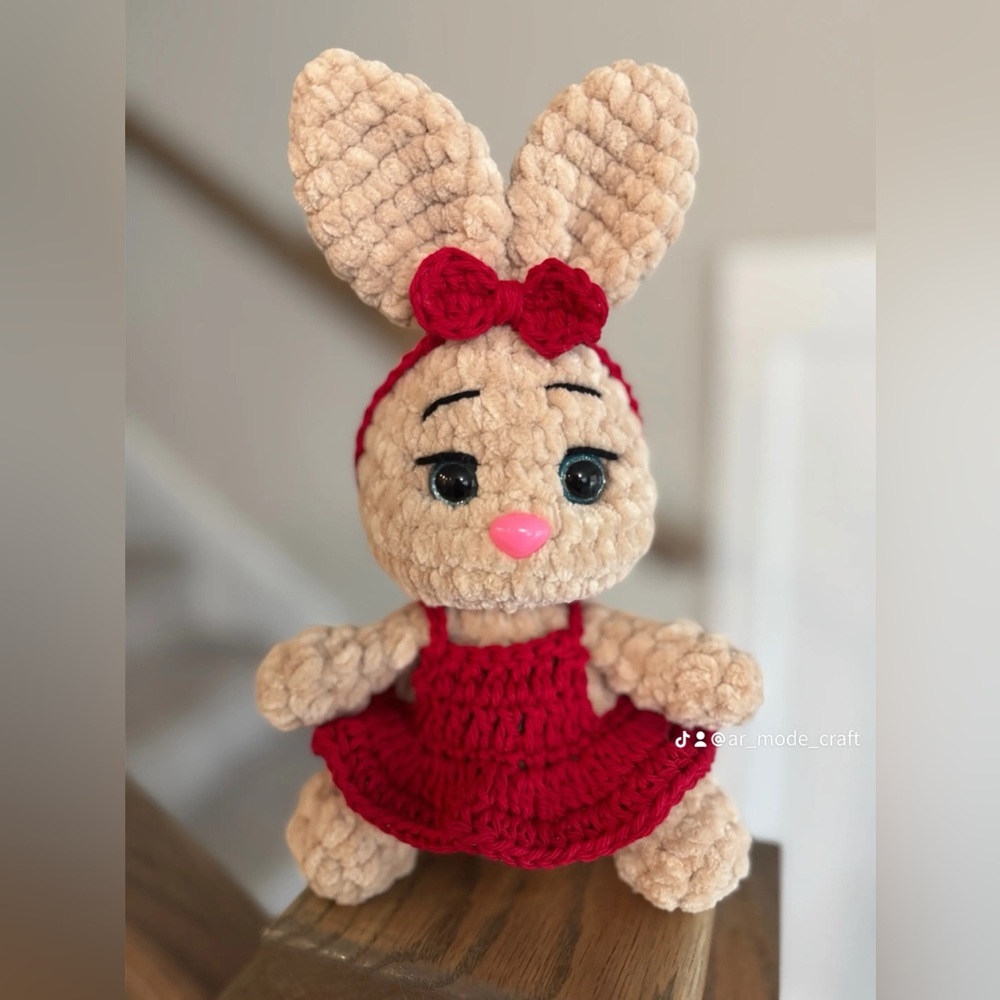 Handmade Plush Bunny in Beige with Red Dress
